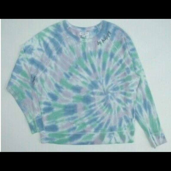 Anthro Be Happy Graphic Sweatshirt Grayson Threads -Blue Green Purple Tie Dye - Picture 3 of 6